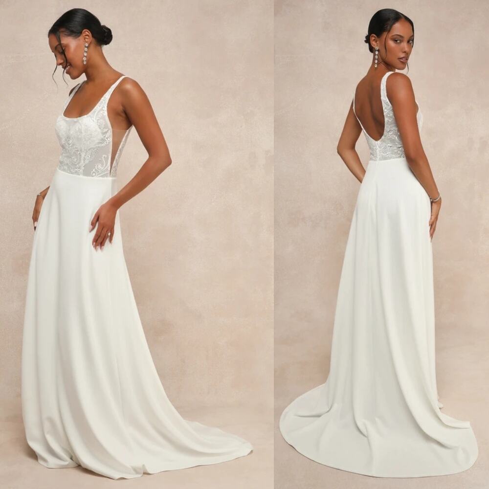 NWT Lulus Positively Romantic White Sheer Mesh Embroidered Maxi Dress Bridal S